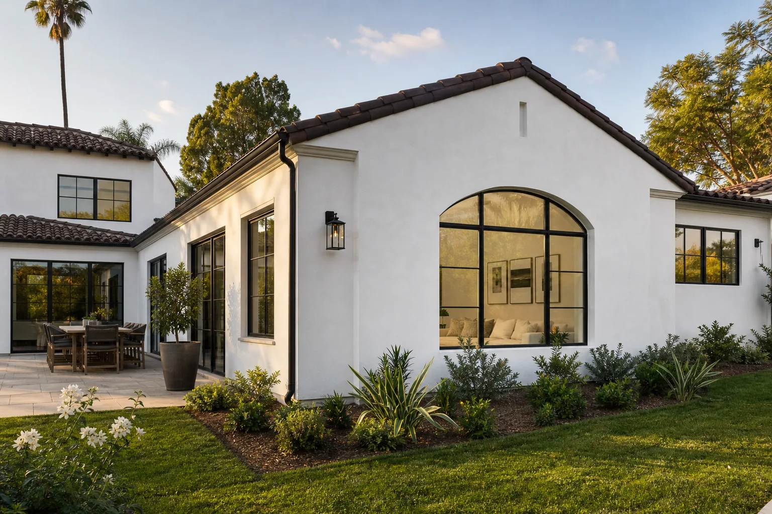 Completed room addition integrated into a stucco home