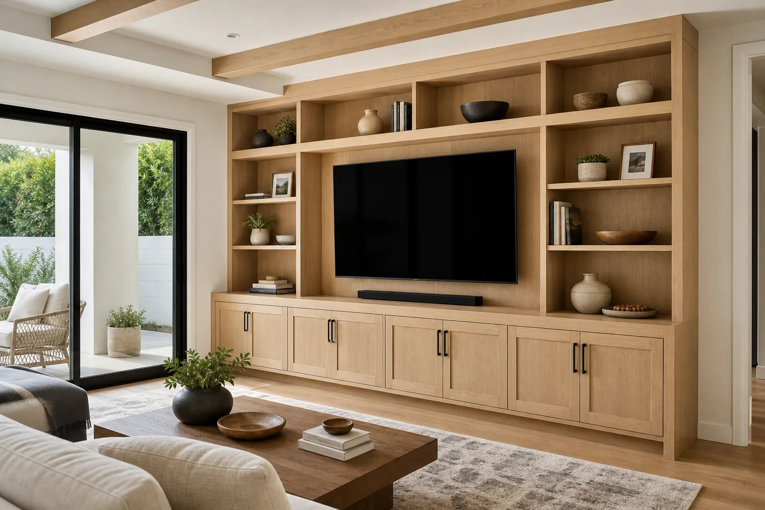 Completed custom white-oak built-ins and media wall