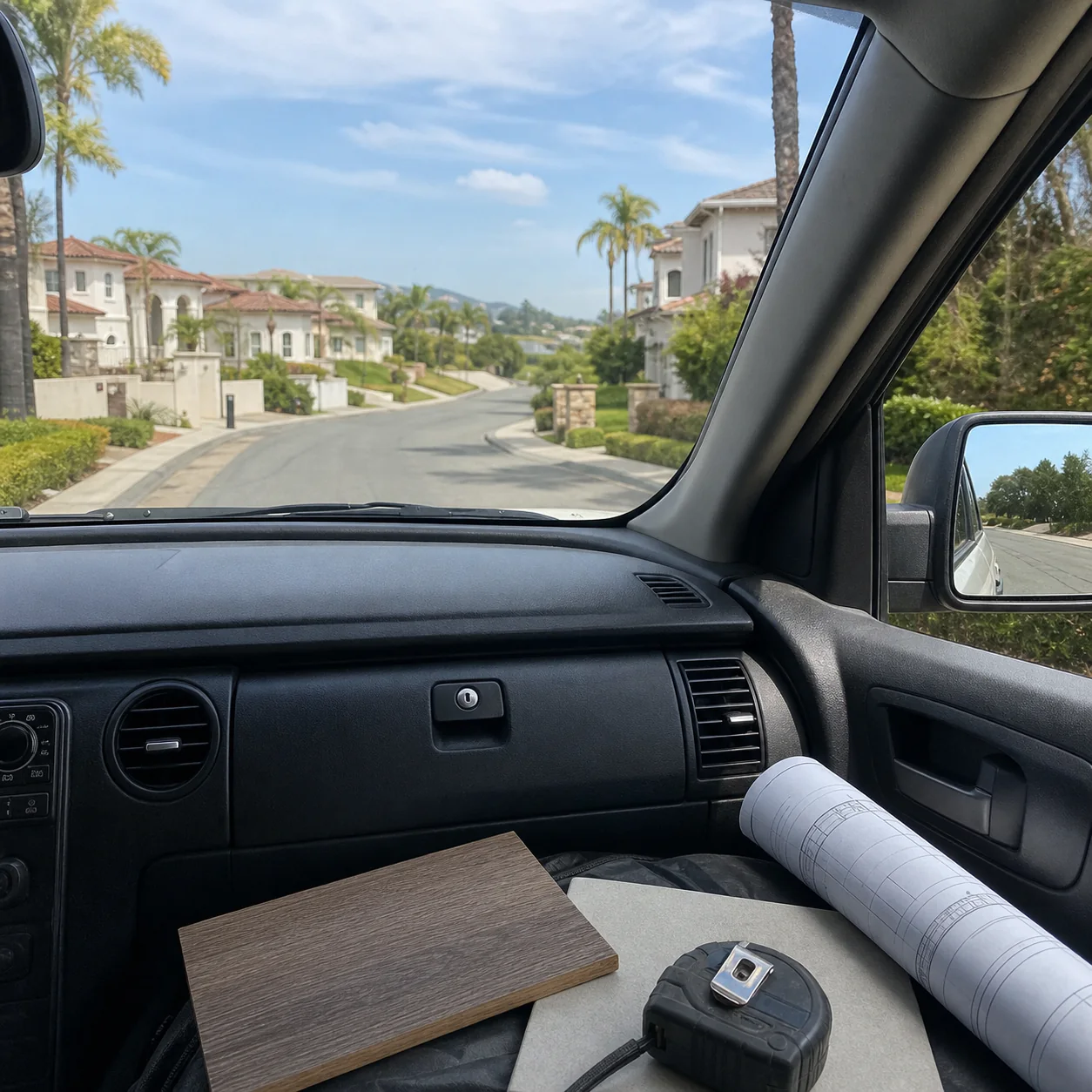 Remodeling team arriving with plans and material samples