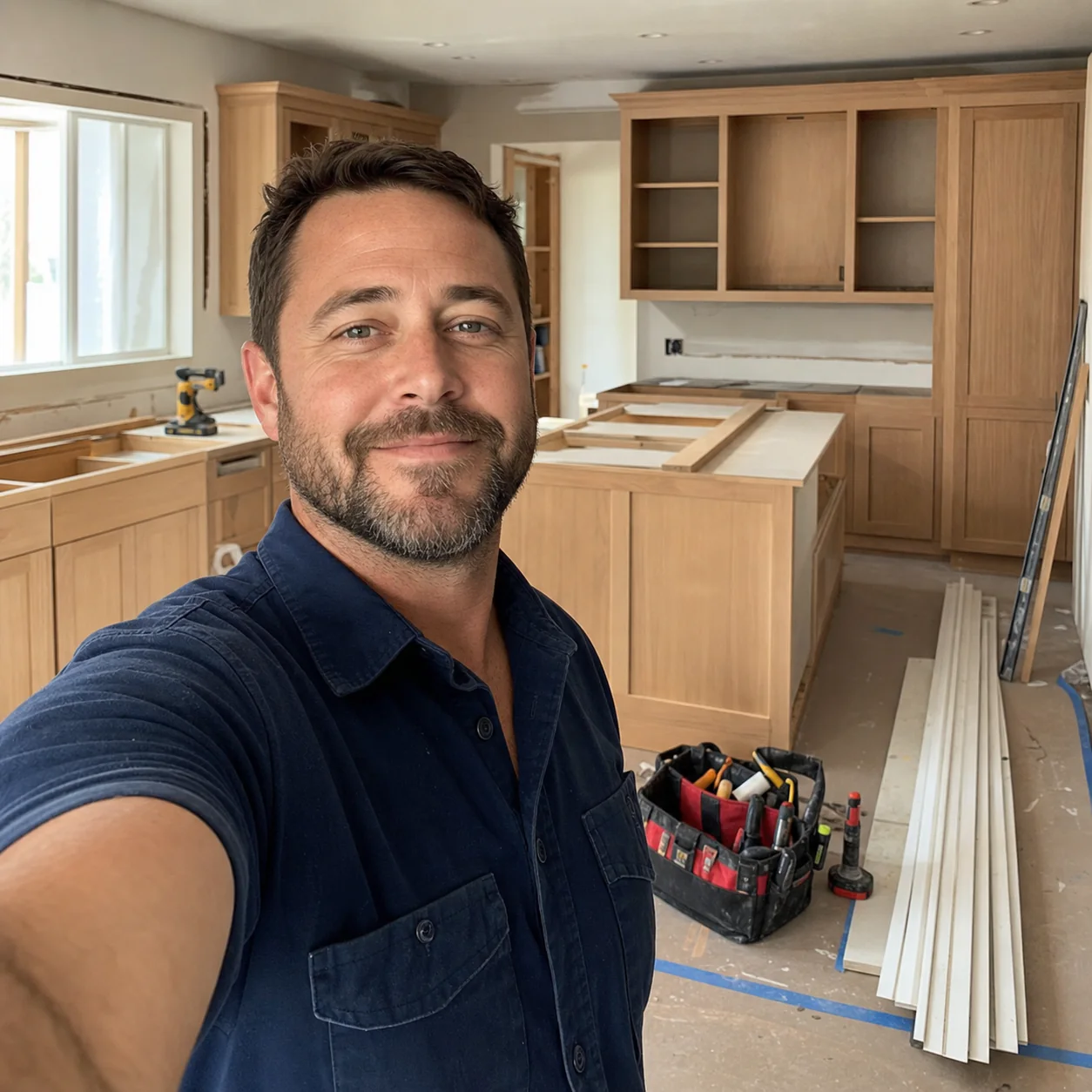Remodeler sharing a selfie inside an active kitchen renovation