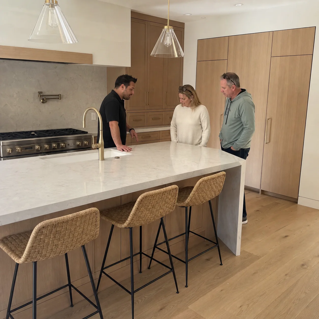 Remodeler walking homeowners through their completed kitchen