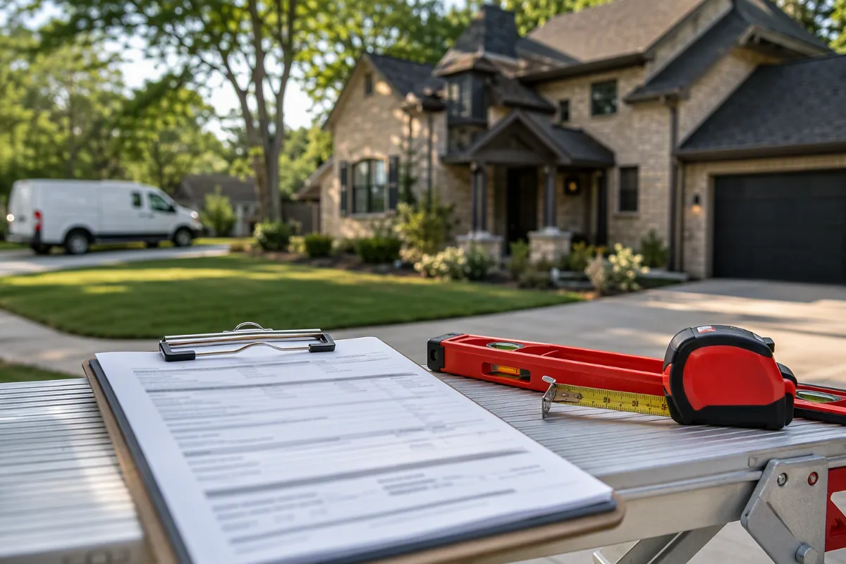 A clipboard with an out-of-focus, unreadable estimate resting on a work surface beside a level and tape measure, a residential job softly blurred behind it