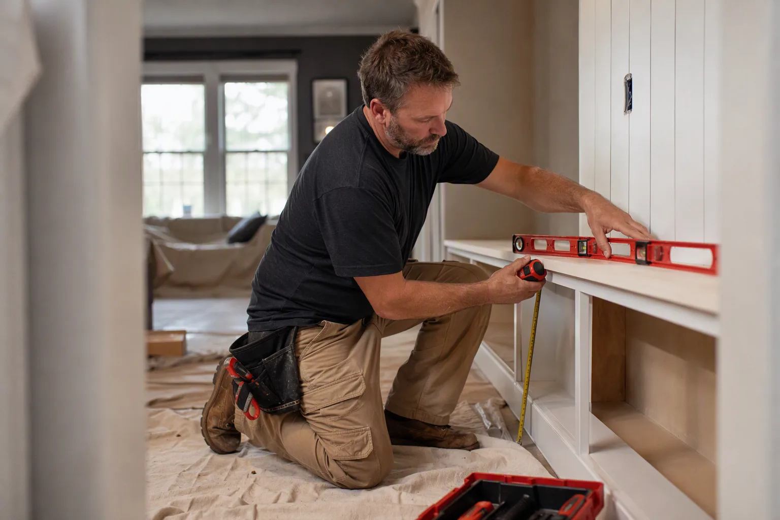 A home remodeling contractor mid-job at a residential site, working with a level and tape measure, hands and work in sharp focus, the surrounding room softly out of focus