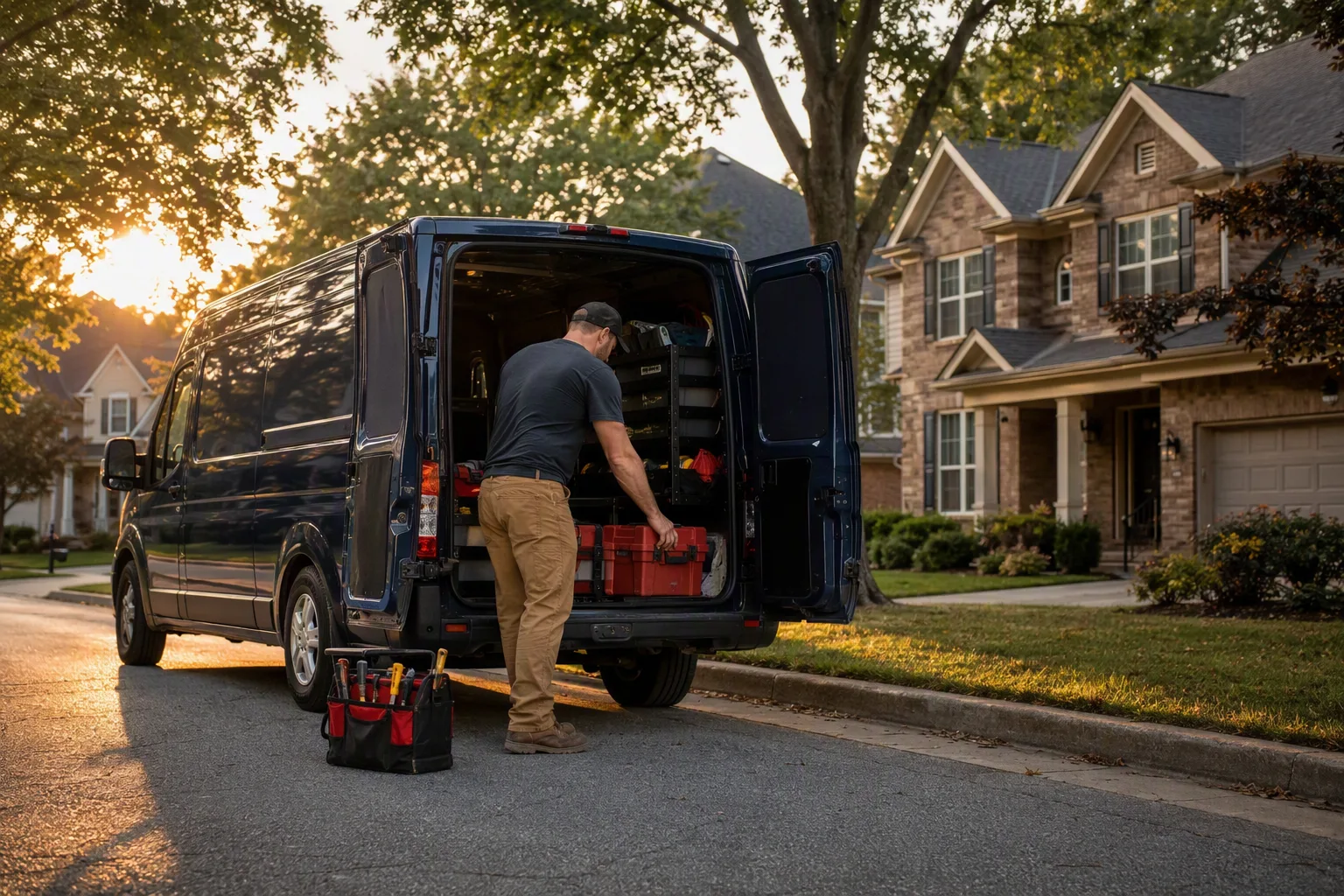 A home remodeling contractor loading tools back into an unbranded navy service van at the kerb outside a suburban home at the end of a job