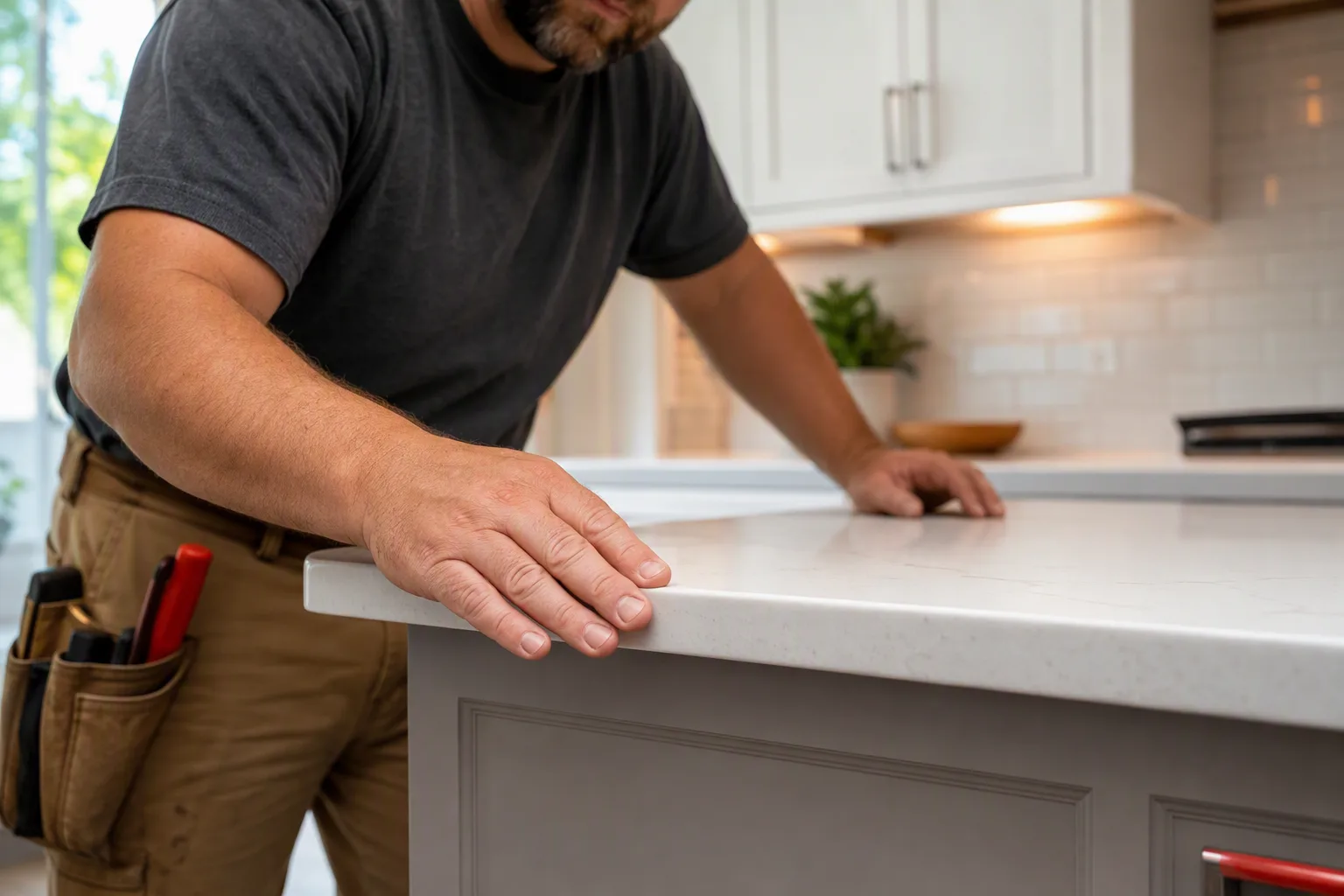 A home remodeling contractor running a hand along a finished countertop edge