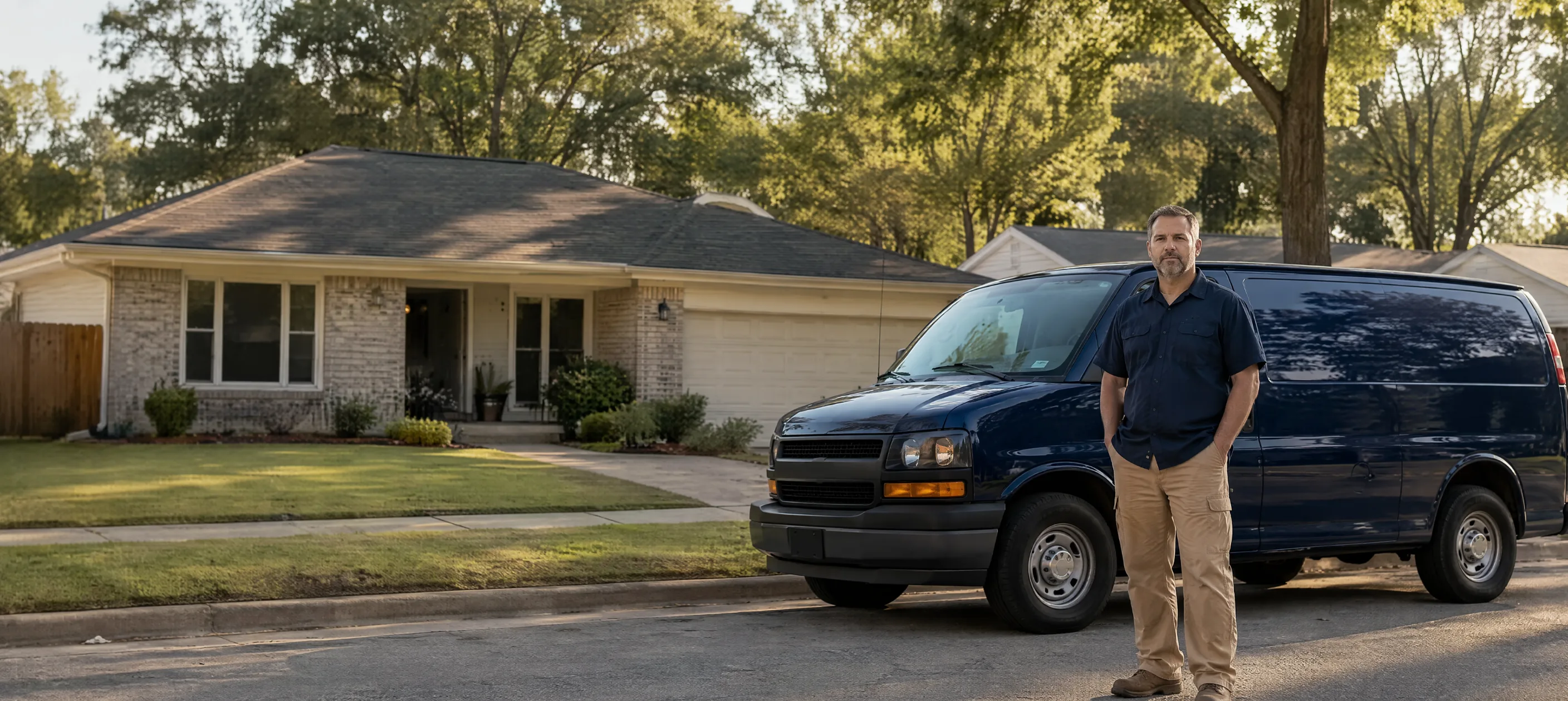 The owner of Rated Renovations standing beside a navy service van outside a home in Memphis
