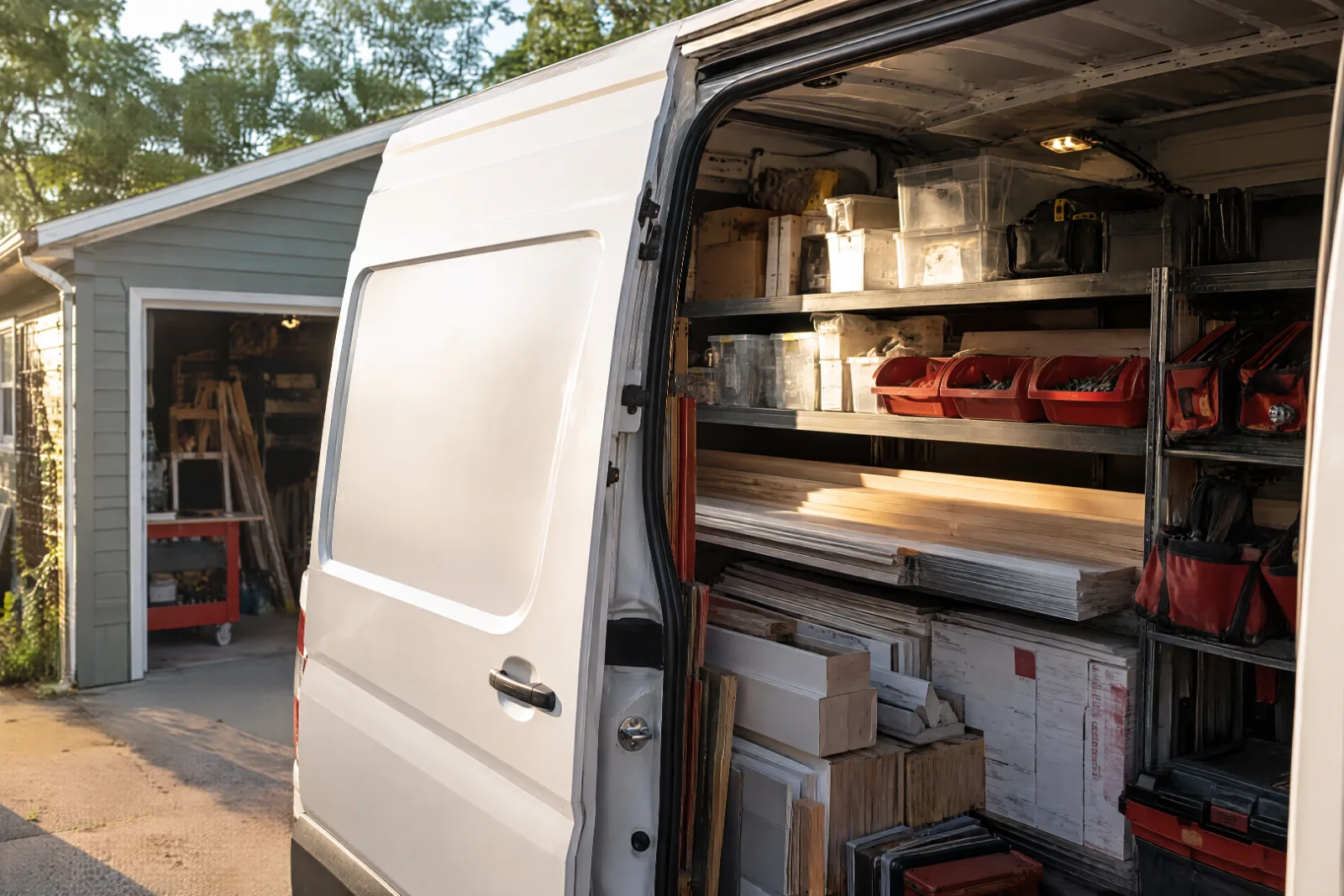 An organized remodeling service van parked outside a workshop