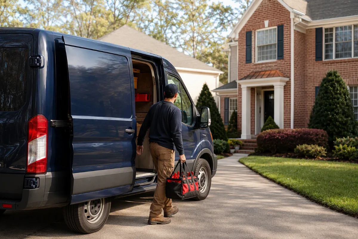 An unbranded navy service van arriving outside a well-kept suburban home, a home remodeling contractor stepping out with a tool bag