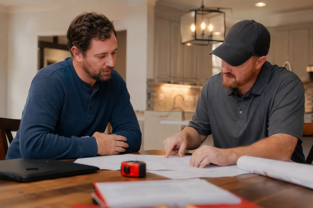 A homeowner and a home remodeling contractor reviewing plans together at a kitchen table, paperwork and a tape measure between them, both engaged in the conversation