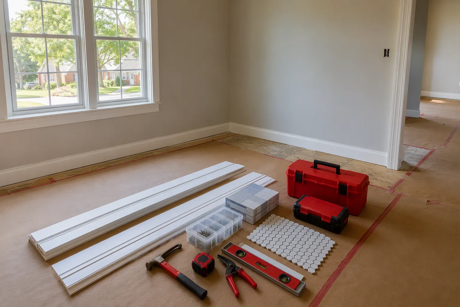 Materials staged neatly at the start of a residential job — trim stock, tile boxes, fixings and tools laid out beside a protected work area