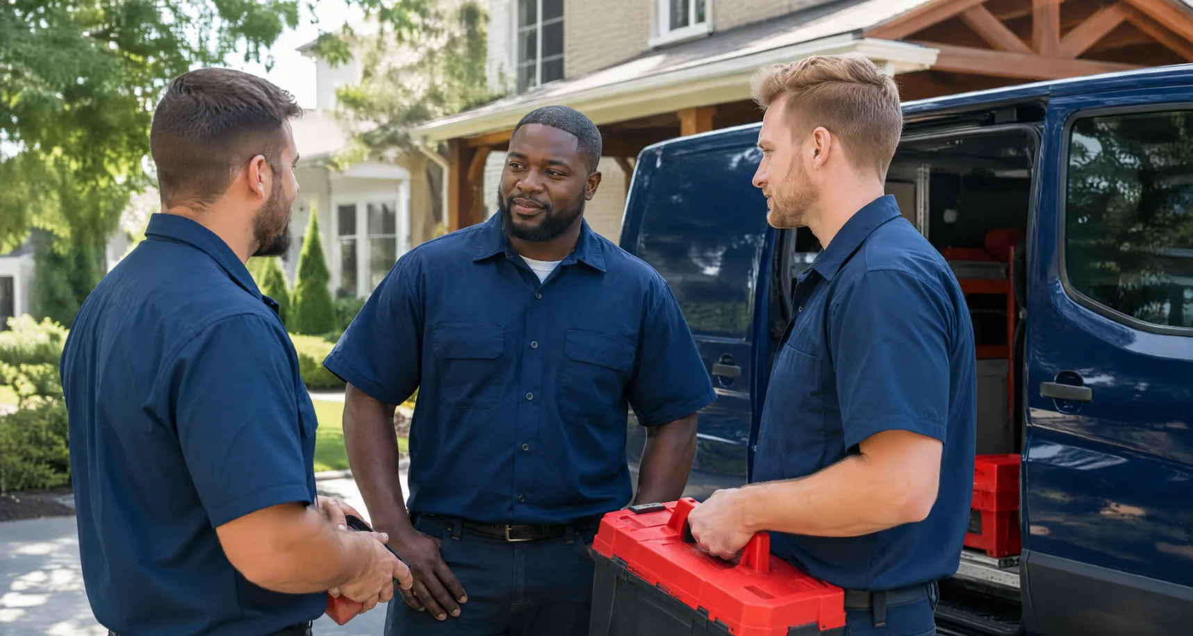A small team of remodeling technicians in plain navy work shirts, no lettering, standing together outside a well-kept suburban home, relaxed and not posed, one unbranded navy service van visible just behind them with no lettering on it