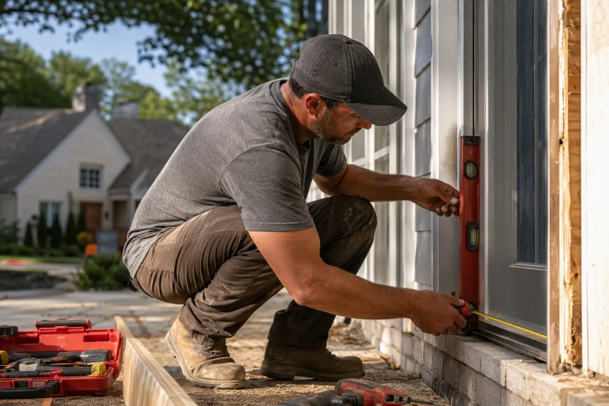 A home remodeling contractor inspecting the trouble spot on a residential remodeling job, crouched close to the work with a level and tape measure in hand, natural side light raking across the surface